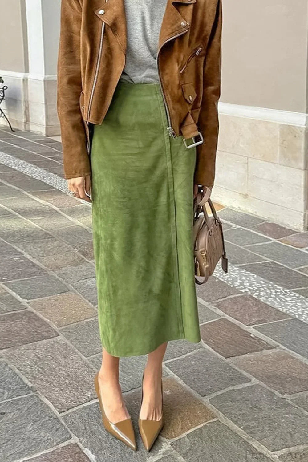 Vintage Suede High Waist Midi Pencil Skirt