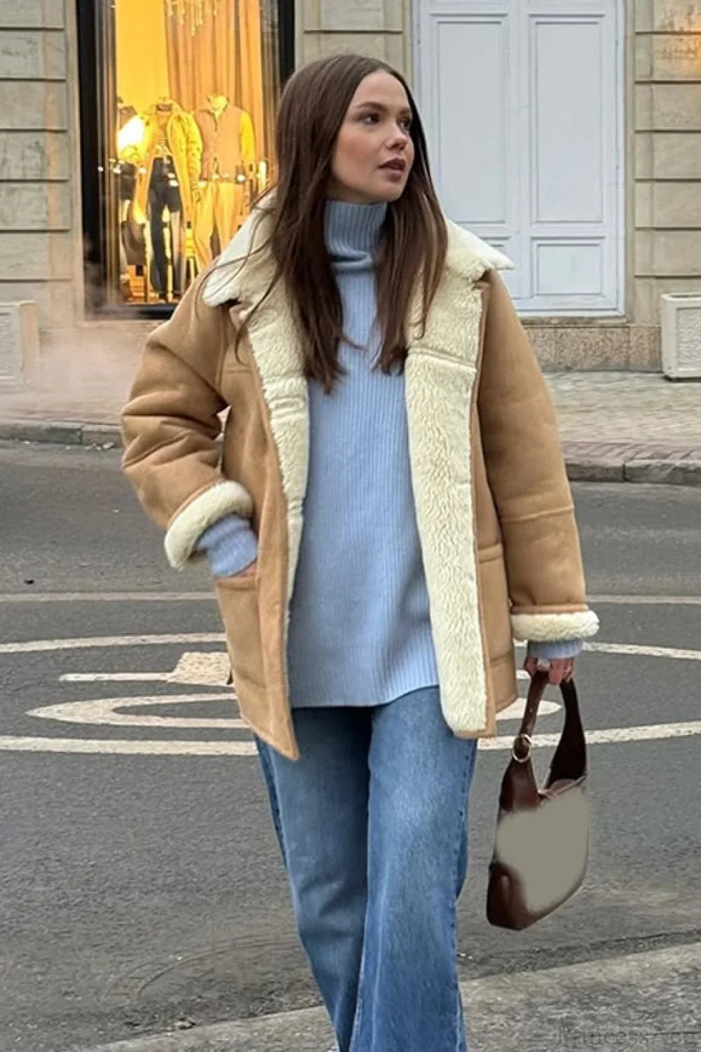 Vintage Suede Sherpa-Lined Wide Lapel Coat