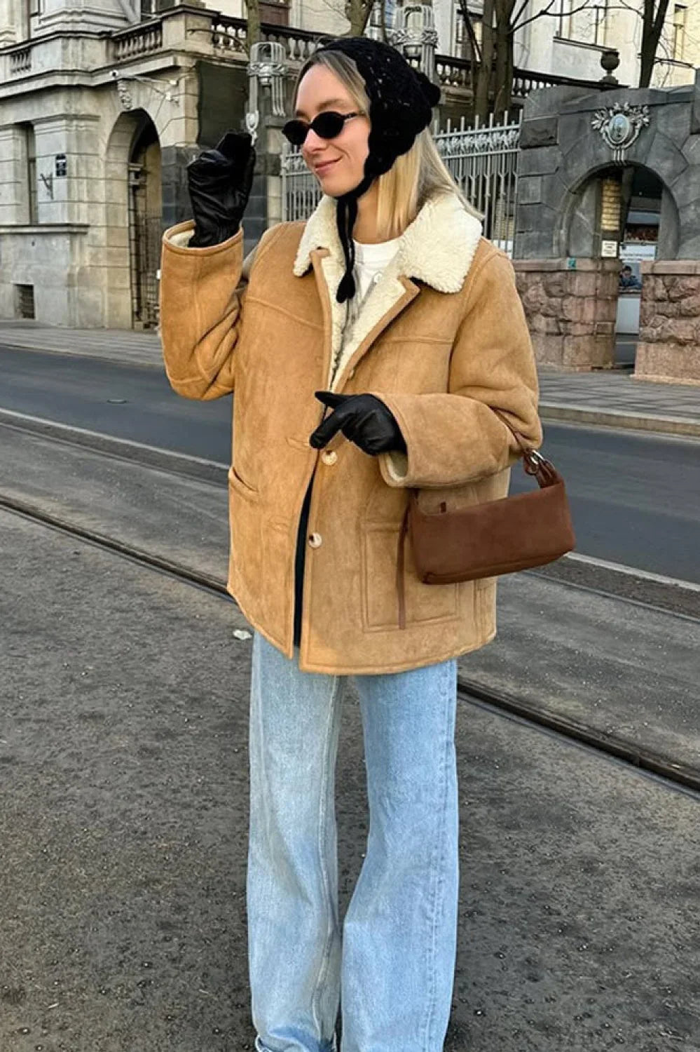 Vintage Suede Sherpa-Lined Wide Lapel Coat