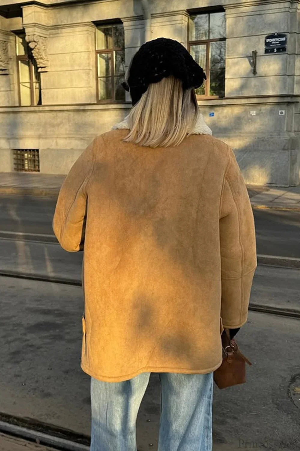 Vintage Suede Sherpa-Lined Wide Lapel Coat