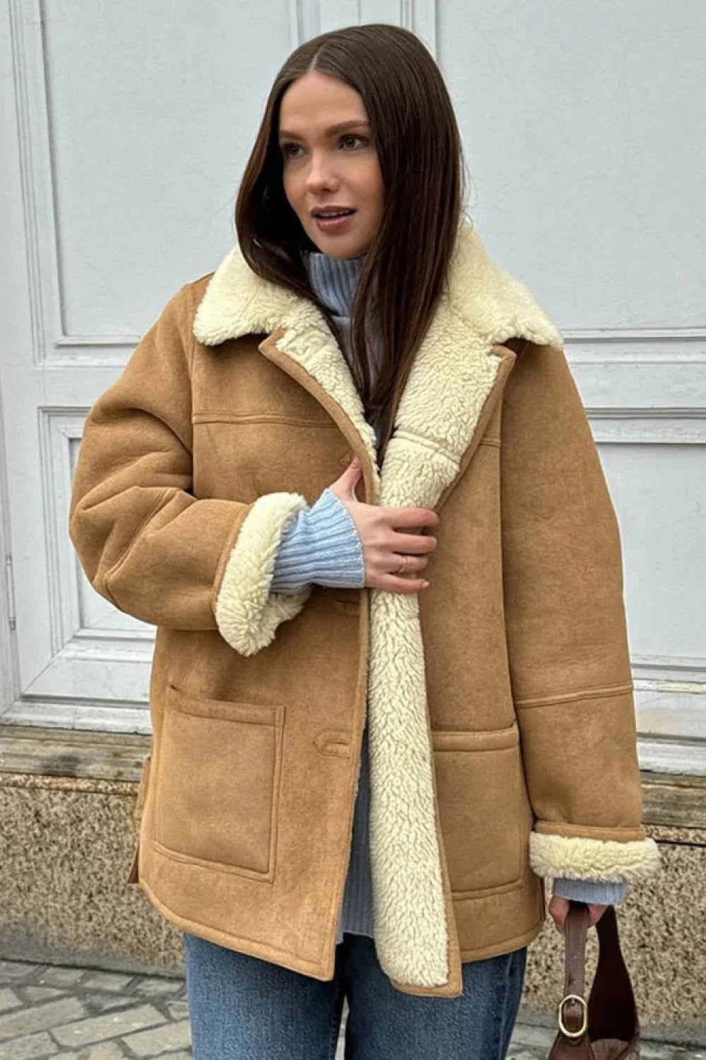 Vintage Suede Sherpa-Lined Wide Lapel Coat