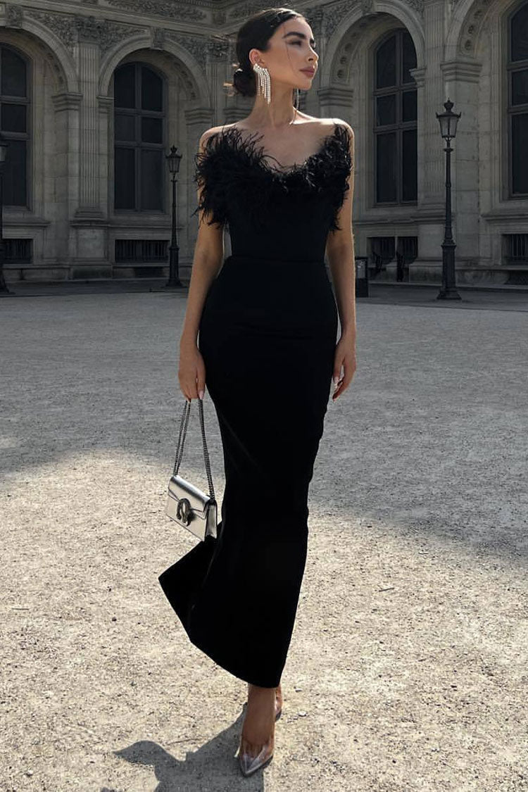 Veronica Feather Trim Strapless Maxi Dress