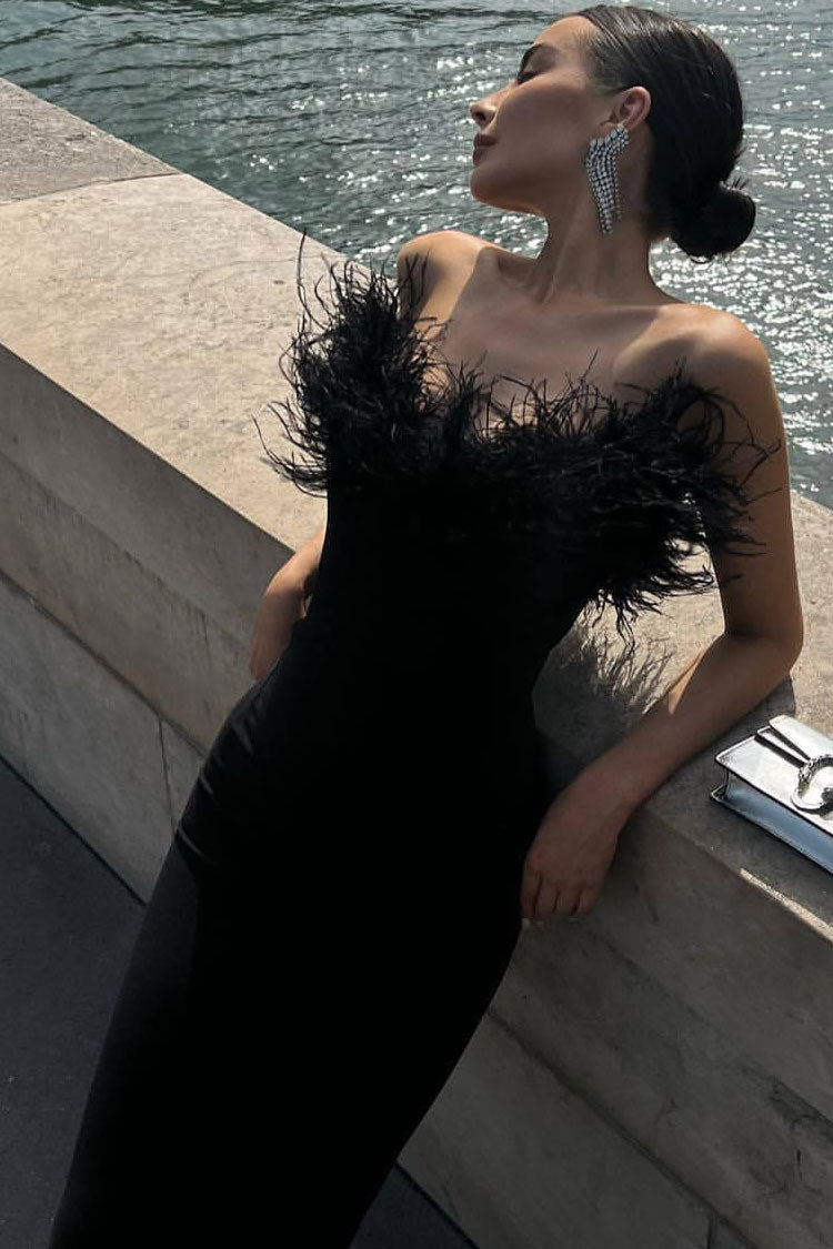 Veronica Feather Trim Strapless Maxi Dress