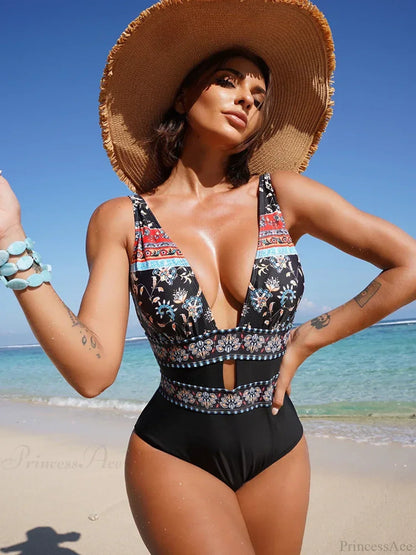 Vintage V-neck Korean Print One Piece Swimsuit
