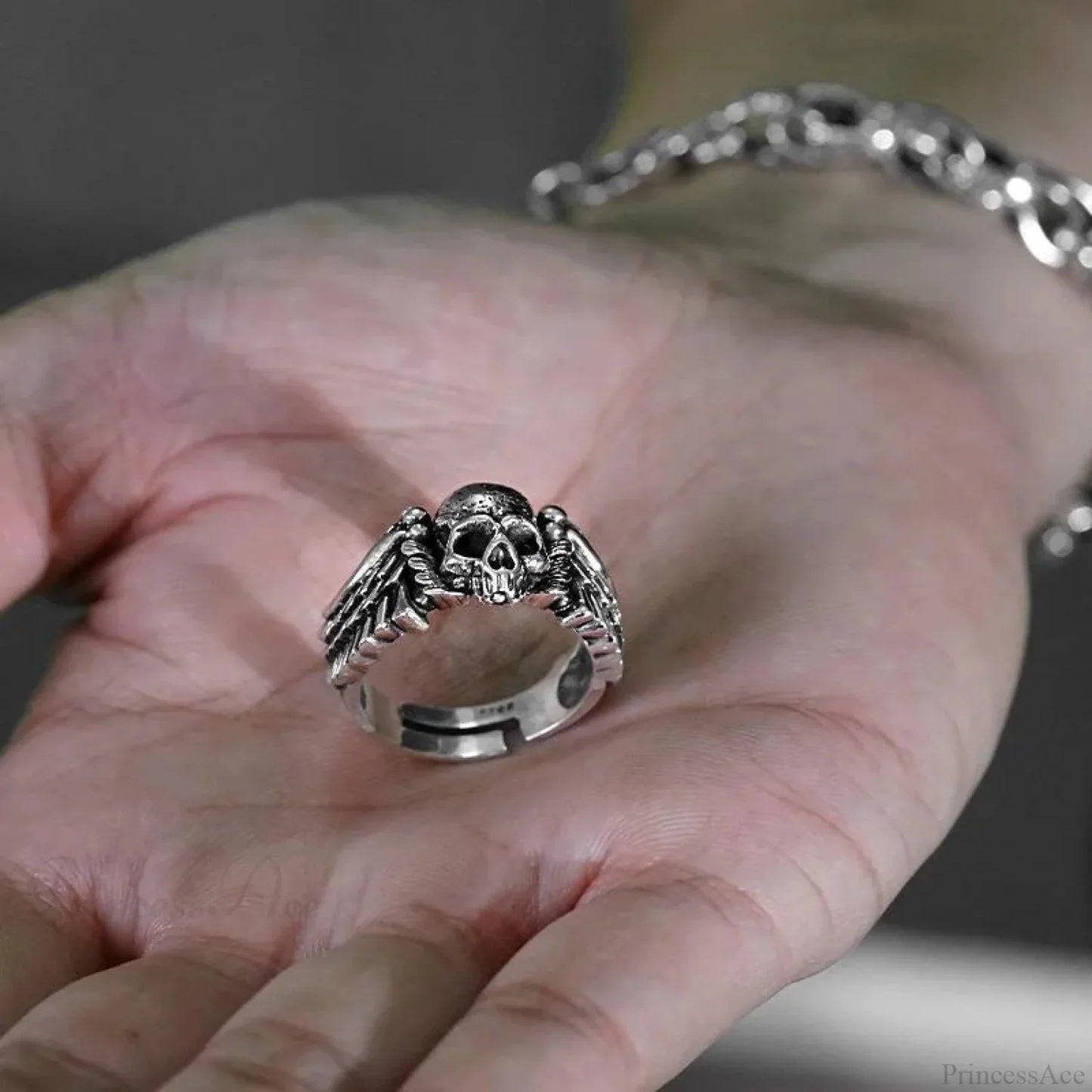 Vintage Wings Skeleton Head Dark Ring
