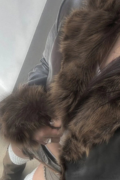 Vintage Y2K Furry Collar Leather Waist - Cinching Jacket