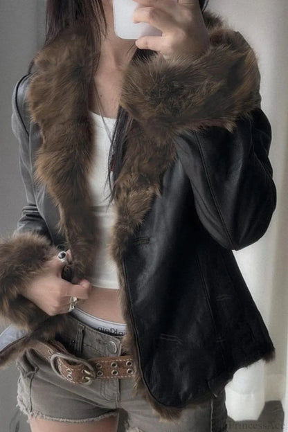 Vintage Y2K Furry Collar Leather Waist - Cinching Jacket