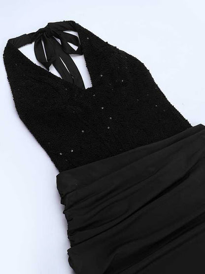 Burgundy Sequin Women Halter Maxi Dress - Elegant Ruched Bodycon Backless Mermaid Gown - Prom Party Outfit 2026
