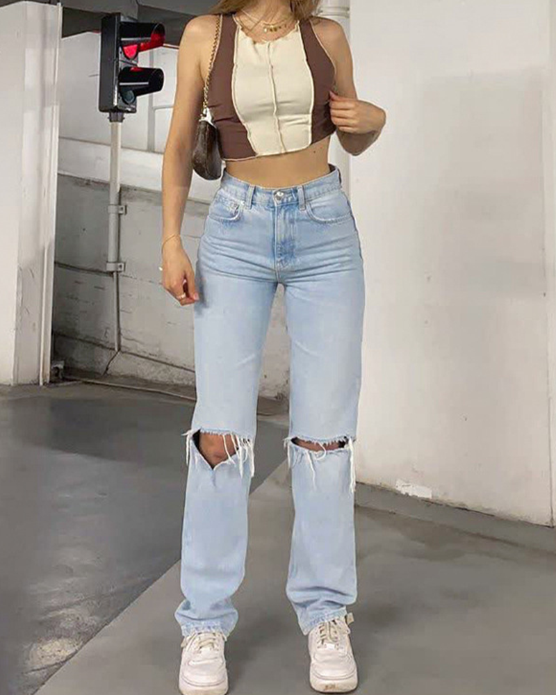 Casual Straight-Leg Ripped Jeans