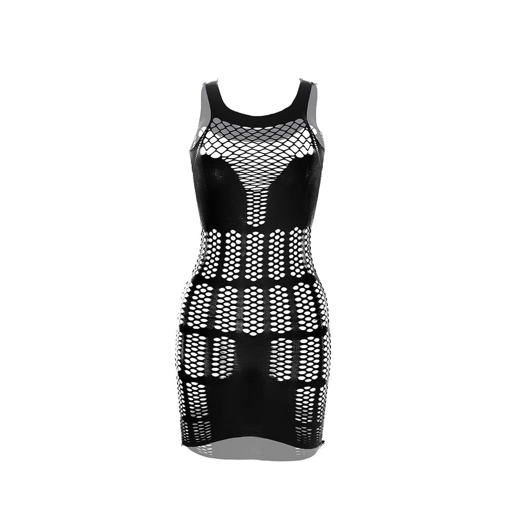 Fishnet patchwork net solid tank mini dress