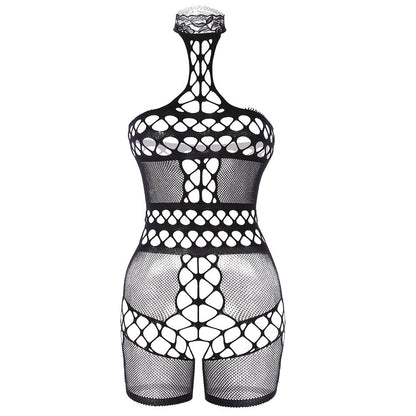 Halter fishnet backless patchwork romper