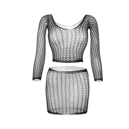 Long sleeve u neck net backless mini skirt set