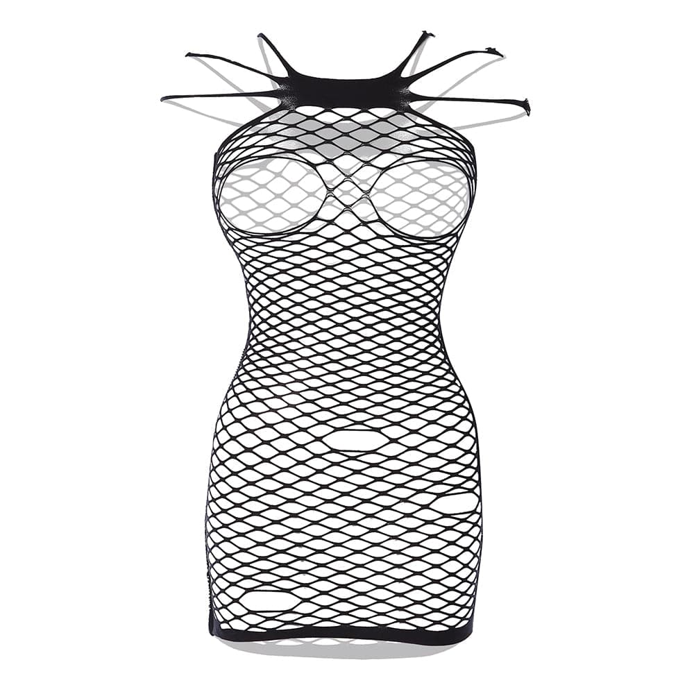 Fishnet solid strappy open cup tank mini dress