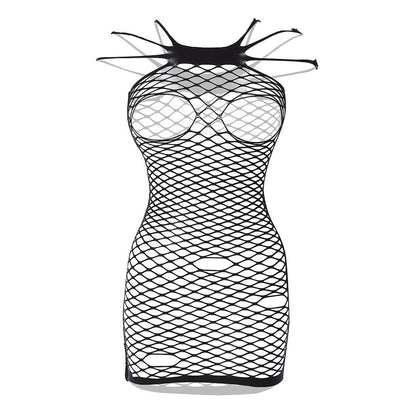 Fishnet solid strappy open cup tank mini dress