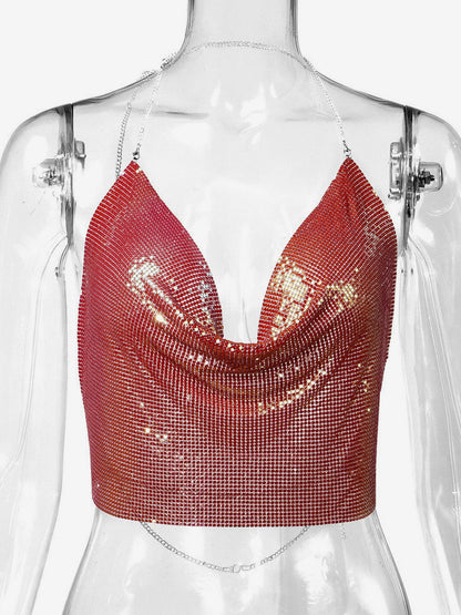Sexy Straps Halter Metal Tops Sequin Clubwear Tops Sliver Sleeveless Spaghetti Straps Cami Draped Crop For Women
