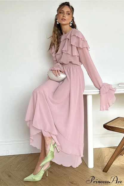 Waist Cinch Ruffled Semi Sheer Elegant Maxi Dress