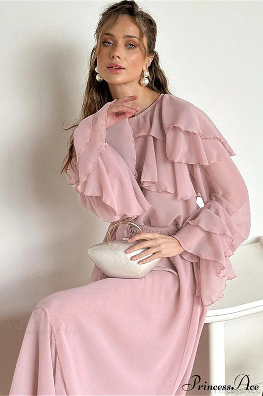 Waist Cinch Ruffled Semi Sheer Elegant Maxi Dress