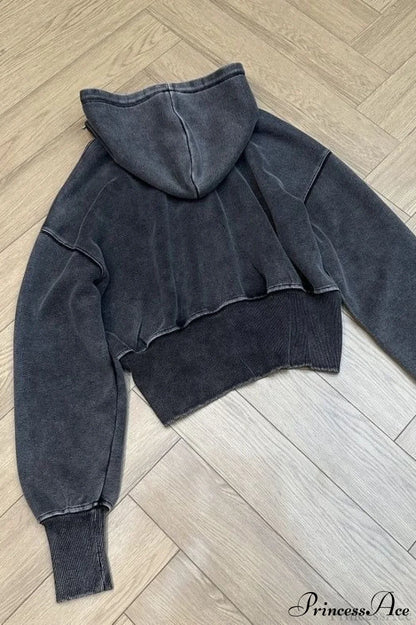 Washed 3D Embroidered Open Front Crop Hoodie