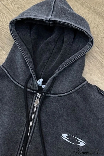 Washed 3D Embroidered Open Front Crop Hoodie