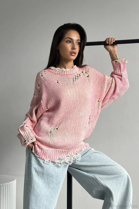 Washed Crew Neck Distressed Mid-Length Sweater