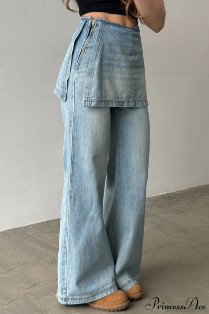 Washed Denim High Waisted Irregular Wide Leg Jeans