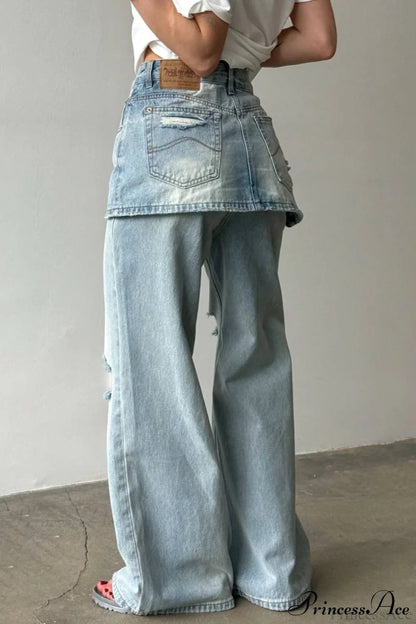 Washed Denim High Waisted Irregular Wide Leg Jeans