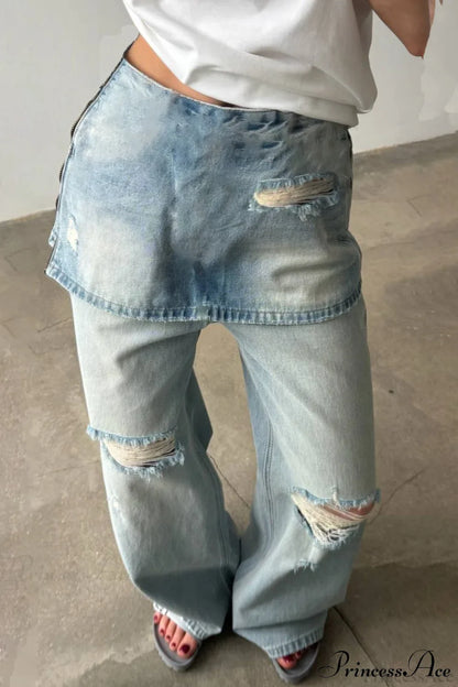 Washed Denim High Waisted Irregular Wide Leg Jeans