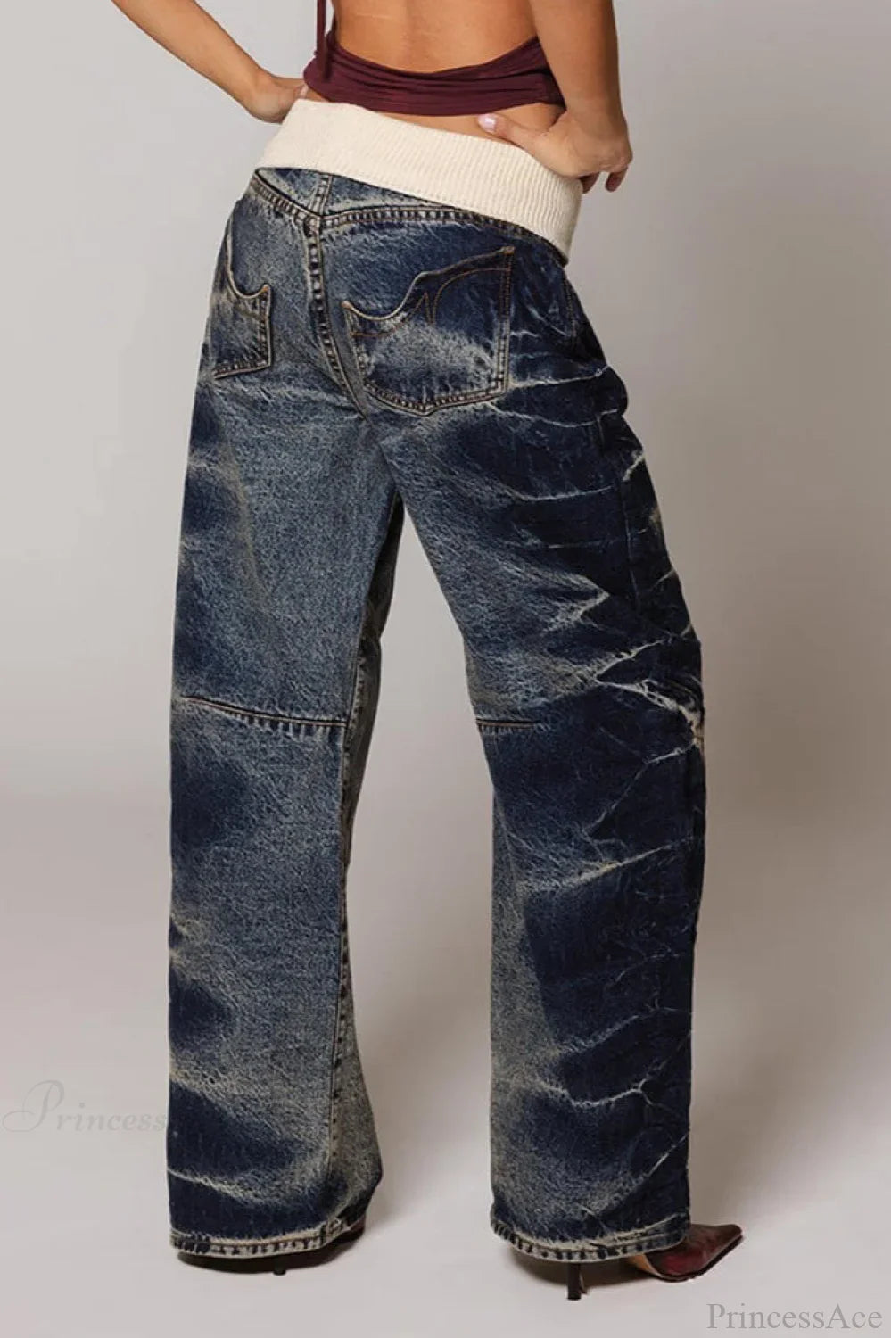 Washed Distressed Sporty Waist Wide Leg Jeans