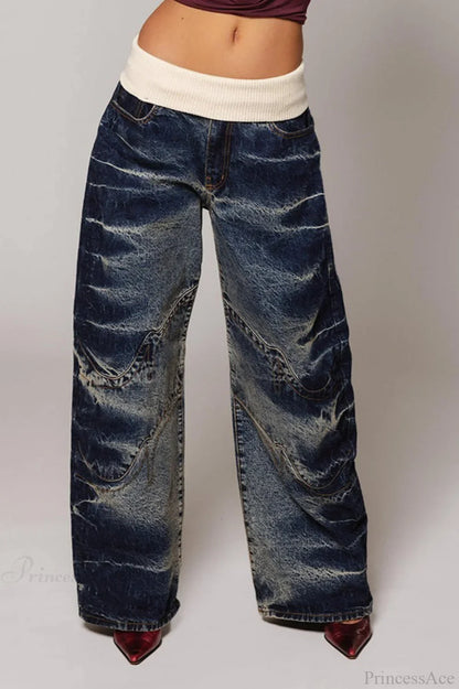 Washed Distressed Sporty Waist Wide Leg Jeans