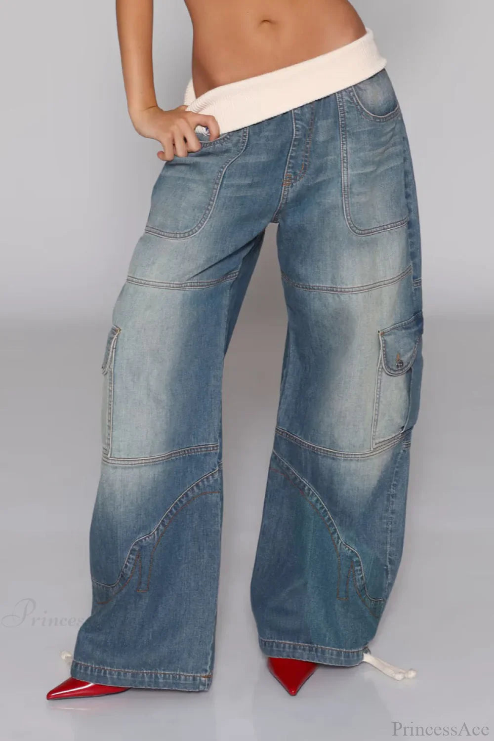 Washed Distressed Sporty Waist Wide Leg Jeans