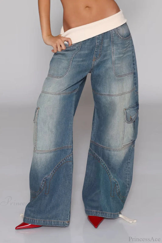 Washed Distressed Sporty Waist Wide Leg Jeans