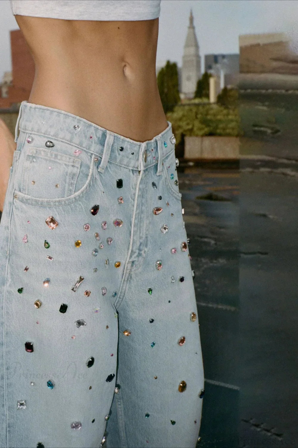 Washed Gem Straight High Waist Slim Jeans