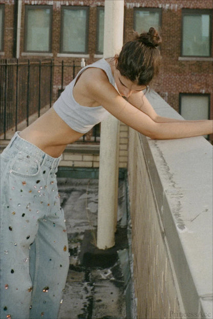 Washed Gem Straight High Waist Slim Jeans