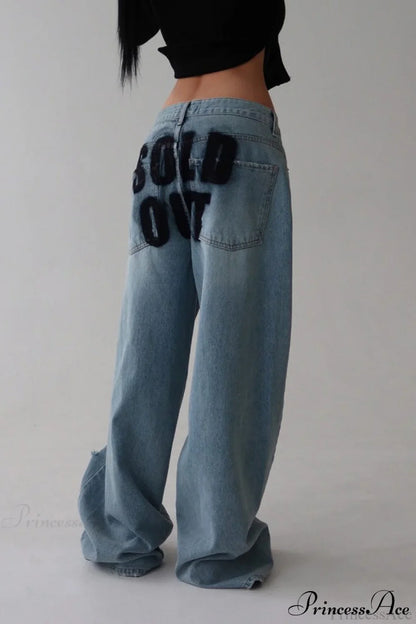 ：Washed Letter Print Distressed Relaxed Straight Jeans
