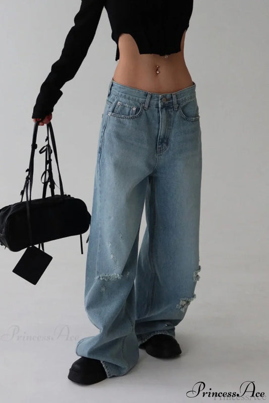 ：Washed Letter Print Distressed Relaxed Straight Jeans