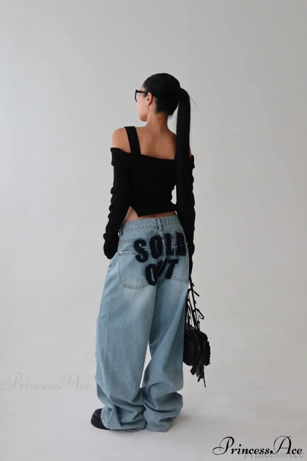 ：Washed Letter Print Distressed Relaxed Straight Jeans