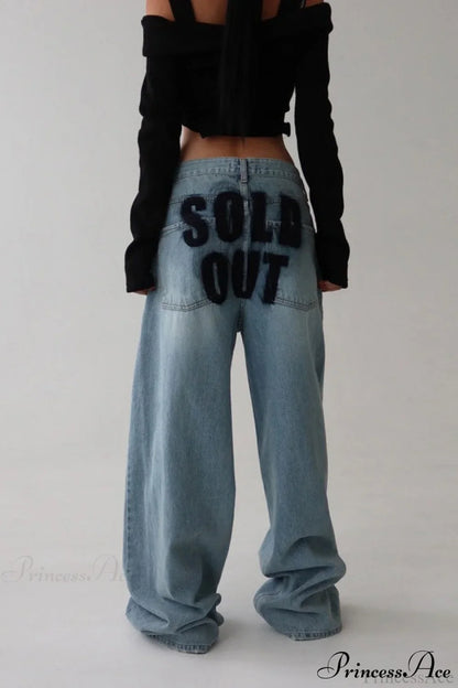 ：Washed Letter Print Distressed Relaxed Straight Jeans