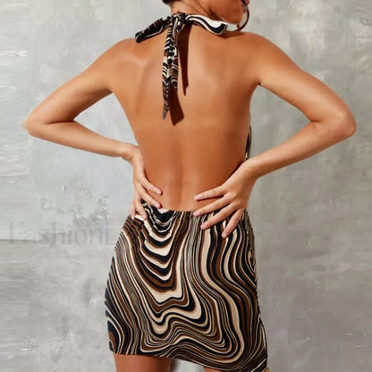 Wave Print Halter Mini Dress