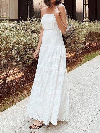 Windowpane Textured Strapless Tiered Eyelet Scalloped Hem Maxi Dress
