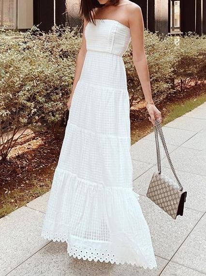 Windowpane Textured Strapless Tiered Eyelet Scalloped Hem Maxi Dress