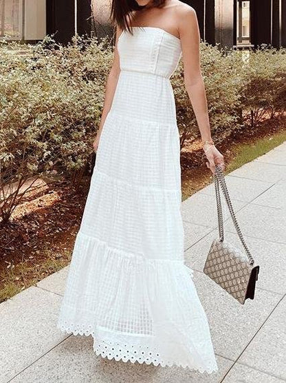 Windowpane Textured Strapless Tiered Eyelet Scalloped Hem Maxi Dress