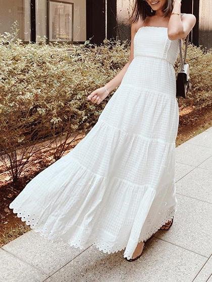Windowpane Textured Strapless Tiered Eyelet Scalloped Hem Maxi Dress