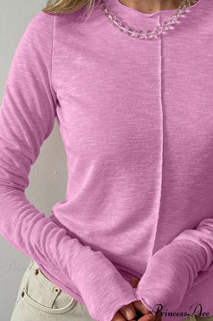 White Crew Neck Knit Panel Long Sleeve Tee