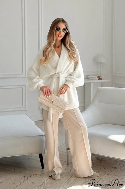 White Faux Fur Thickened Midi Elegant Coat