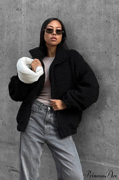 White Fleece Collared Warm Commute Coat