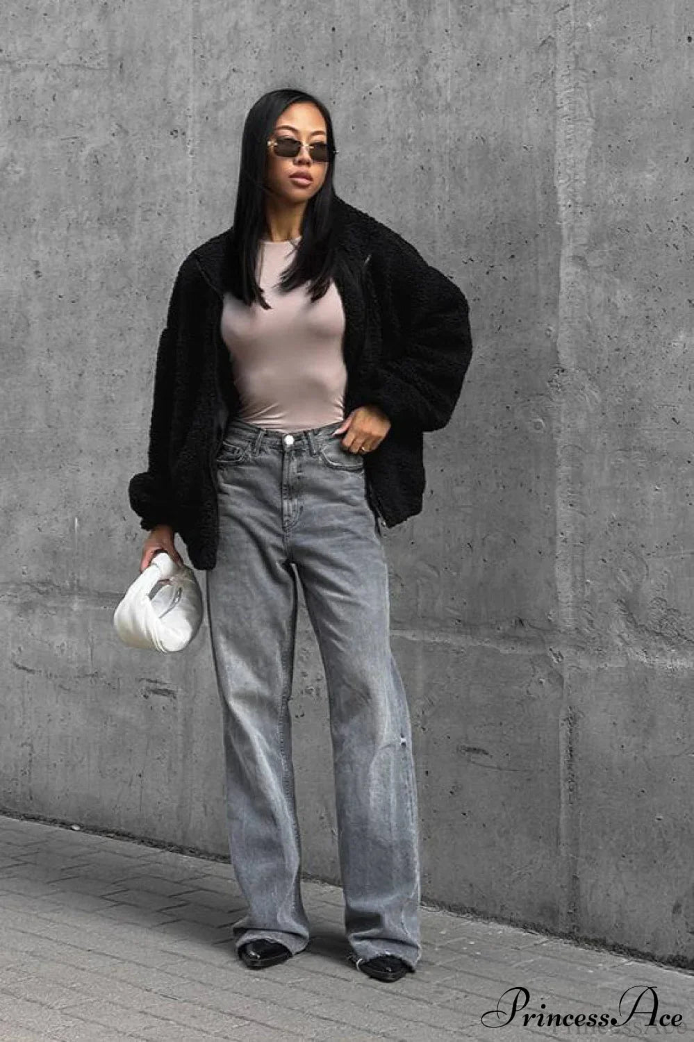 White Fleece Collared Warm Commute Coat