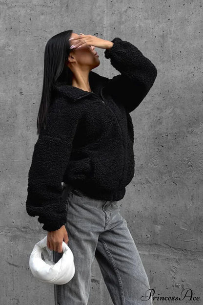 White Fleece Collared Warm Commute Coat