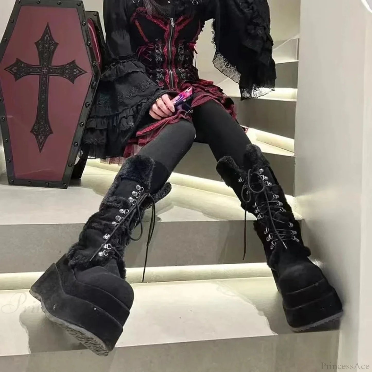 White Hairy Tall Platform Chunky Heel Gothic Winter Boot