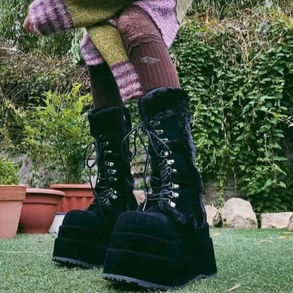 White Hairy Tall Platform Chunky Heel Gothic Winter Boot