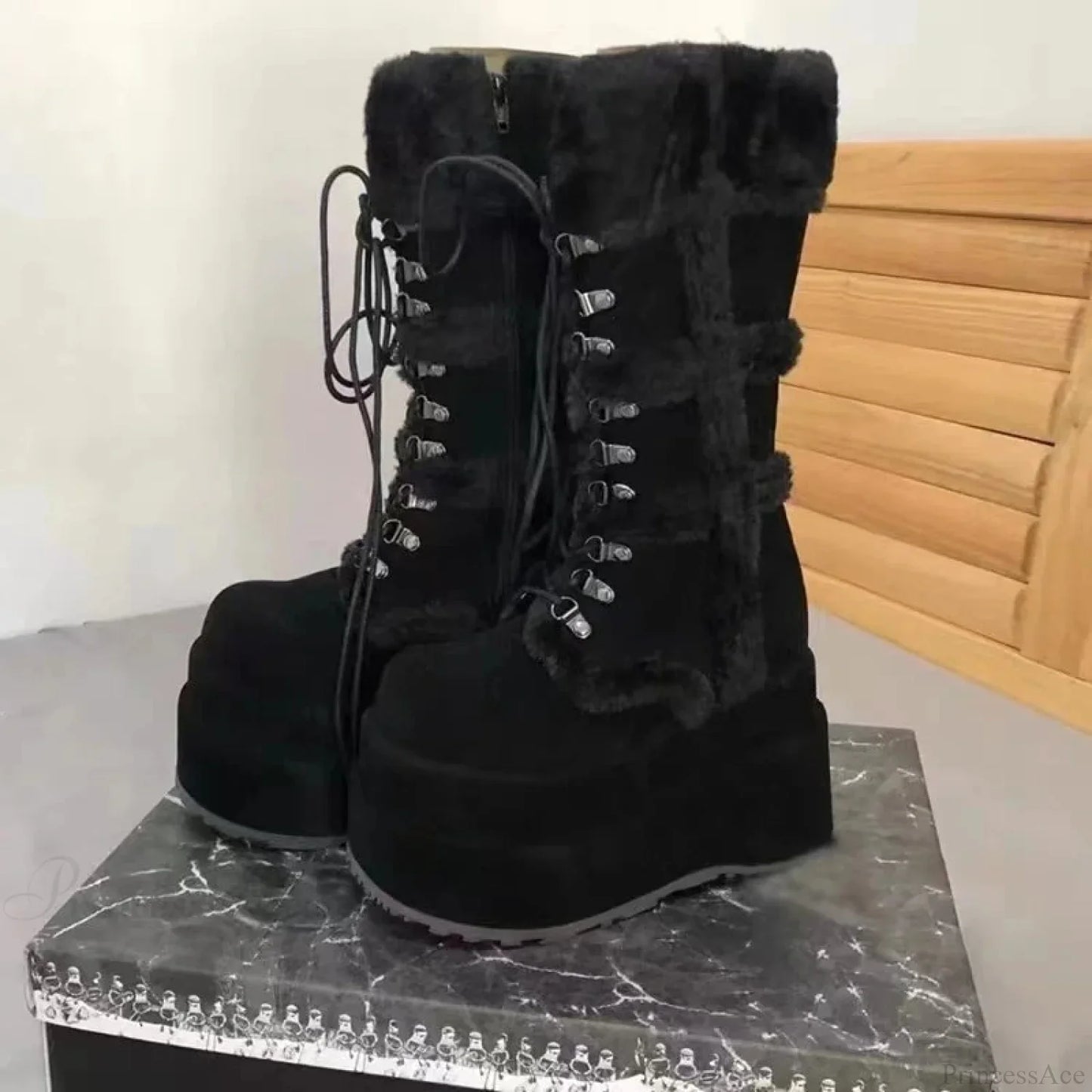 White Hairy Tall Platform Chunky Heel Gothic Winter Boot